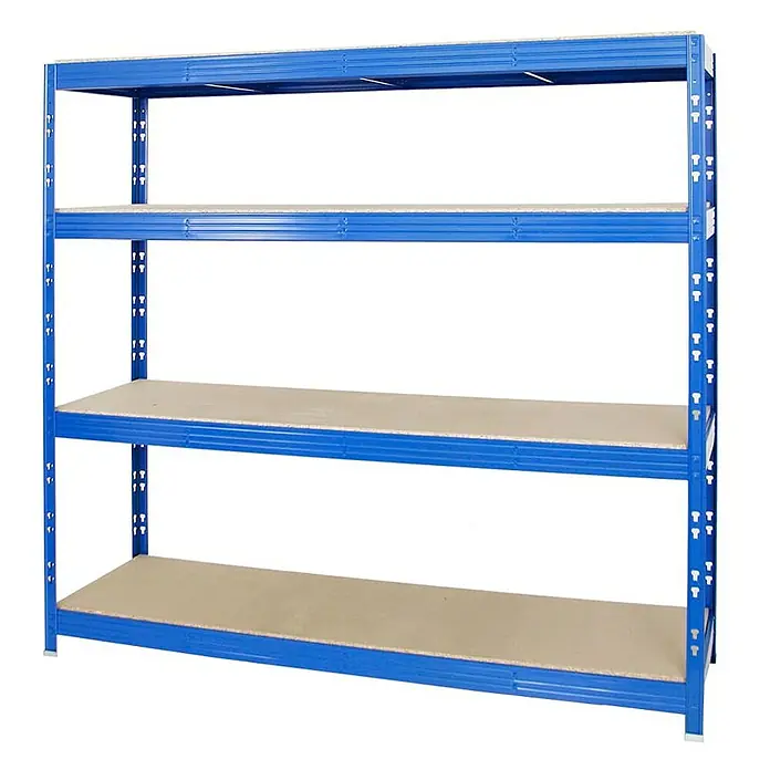 Proregal Schwerlastregal Profi RHINO - H x B x T: 180 x 200 x 60 cm, Traglast pro Boden: 500 kg, Anzahl Böden: 4 Stk., Stecken, Blau - Blaues Metallregal mit vier Holzfächern zur Aufbewahrung von Gegenständen, ideal für Lager, Keller oder Garage.