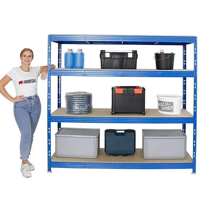 Proregal Schwerlastregal Profi RHINO - H x B x T: 180 x 200 x 60 cm, Traglast pro Boden: 500 kg, Anzahl Böden: 4 Stk., Stecken, Blau - Vielseitiges Schwerlastregal mit vier Ebenen, ideal für Werkstatt oder Lager, beladen mit Werkzeug und Behältern.