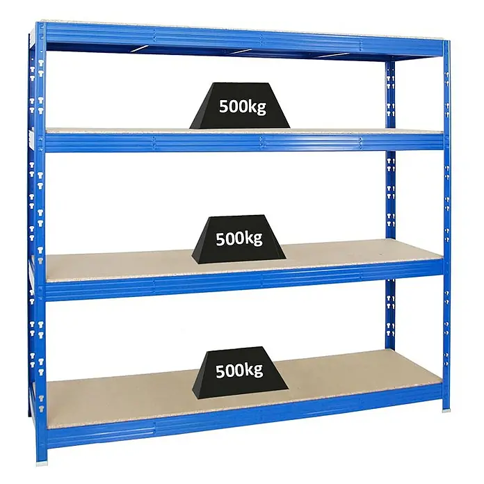 Proregal Schwerlastregal Profi RHINO - H x B x T: 180 x 200 x 60 cm, Traglast pro Boden: 500 kg, Anzahl Böden: 4 Stk., Stecken, Blau - Bild eines blauen Schwerlastregals mit drei Fächern, jedes mit einem Gewicht von 500 kg. Ideal für Lagerung und Organisation.