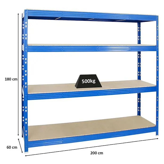 Proregal Schwerlastregal Profi RHINO - H x B x T: 180 x 200 x 60 cm, Traglast pro Boden: 500 kg, Anzahl Böden: 4 Stk., Stecken, Blau - Abbildung eines blauen Metallregals mit vier Ebenen und den Maßen 180 cm Höhe, 60 cm Tiefe und 200 cm Breite.