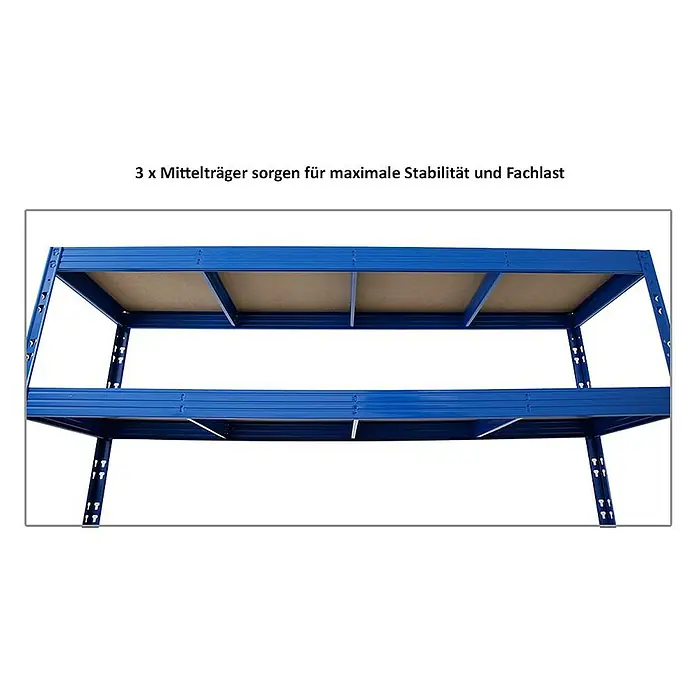 Proregal Schwerlastregal Profi RHINO - H x B x T: 180 x 200 x 60 cm, Traglast pro Boden: 500 kg, Anzahl Böden: 4 Stk., Stecken, Blau - Regal mit 2 Etagen aus blauem Metall und Spanplatten. Die drei Mittelträger sorgen für Stabilität und Fachlast.