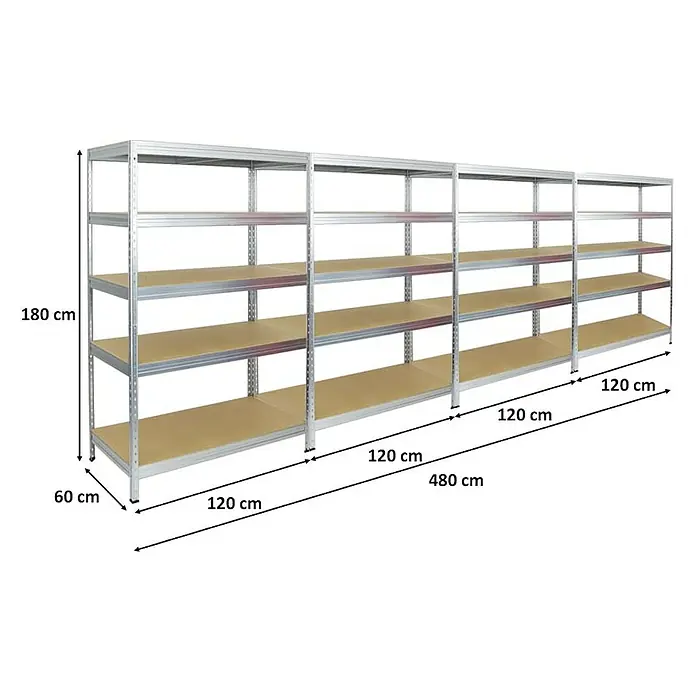 Proregal Schwerlastregal Mega Deal Rivet - Traglast pro Boden: 250 kg, Anzahl Böden: 5 Stk., Stecken, Verzinkt - Lagerregal mit fünf Ebenen, 180 cm hoch, 60 cm tief und 480 cm breit, ideal für Lagerung und Organisation.