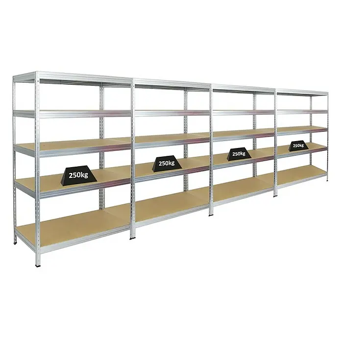 Proregal Schwerlastregal Mega Deal Rivet - Traglast pro Boden: 250 kg, Anzahl Böden: 5 Stk., Stecken, Verzinkt - Silbernes Metallregal mit robusten Holzregalen und Gewichtsangaben, ideal für Lager und Werkstatt.