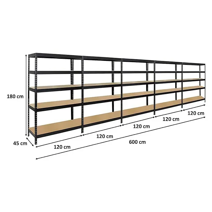 Proregal Schwerlastregal Mega Deal Rivet - Traglast pro Boden: 250 kg, Anzahl Böden: 5 Stk., Stecken, Schwarz - Langes, schwarzes Metallregal mit fünf Regalböden aus hellem Holz, ideal zur Lagerung und Organisation von Gegenständen.