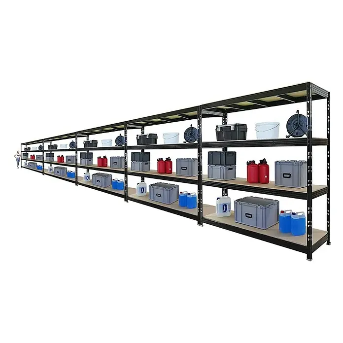 Proregal Schwerlastregal Mega Deal Profi RHINO - Traglast pro Boden: 500 kg, Anzahl Böden: 4 Stk., Stecken, Schwarz - Lange, robuste Lagerregale mit mehreren Ebenen und einer Vielzahl an Behältern, Kanistern und Werkzeugen für die Organisation.