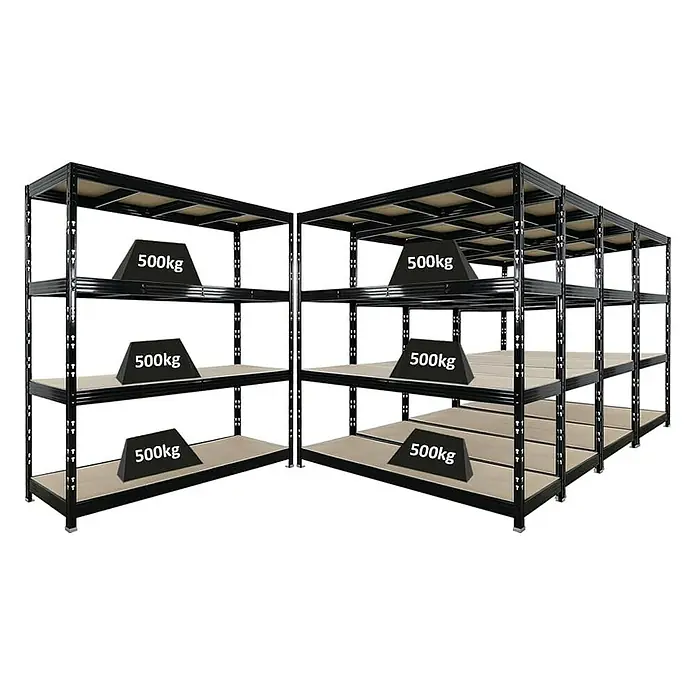 Proregal Schwerlastregal Mega Deal Profi RHINO - Traglast pro Boden: 500 kg, Anzahl Böden: 4 Stk., Stecken, Schwarz - Bild eines robusten Lagerregals, das mit Gewichten von 500kg belastet ist, ideal für schwere Lasten in Lager und Werkstatt.
