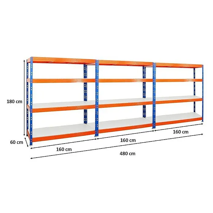 Proregal Schwerlastregal Mega Deal Profi RHINO - Traglast pro Boden: 500 kg, Anzahl Böden: 4 Stk., Stecken, Blau-Orange - Abbildung eines blauen und orangen Lagerregals mit drei Fächern, beschriftet mit den Maßen.
