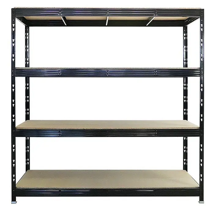 Proregal Schwerlastregal Mega Deal Profi RHINO - Traglast pro Boden: 500 kg, Anzahl Böden: 4 Stk., Stecken, Schwarz - Ein robustes, freistehendes Metallregal mit vier Regalböden aus Holz für Lagerung und Organisation in Garage oder Keller.