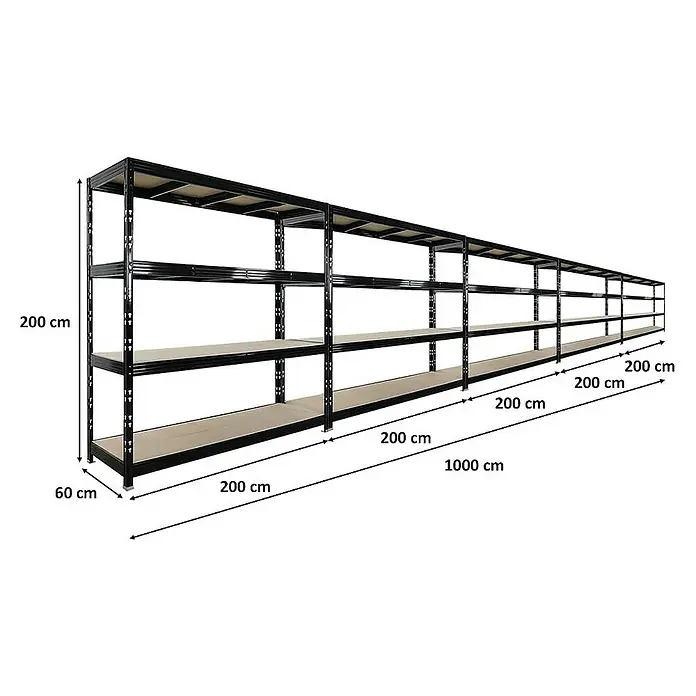 Proregal Schwerlastregal Mega Deal Profi RHINO - Traglast pro Boden: 500 kg, Anzahl Böden: 4 Stk., Stecken, Schwarz - Abbildung eines schwarzen Metallregals mit vier Ebenen und den Maßen 200 cm Höhe, 60 cm Tiefe und 1000 cm Länge.