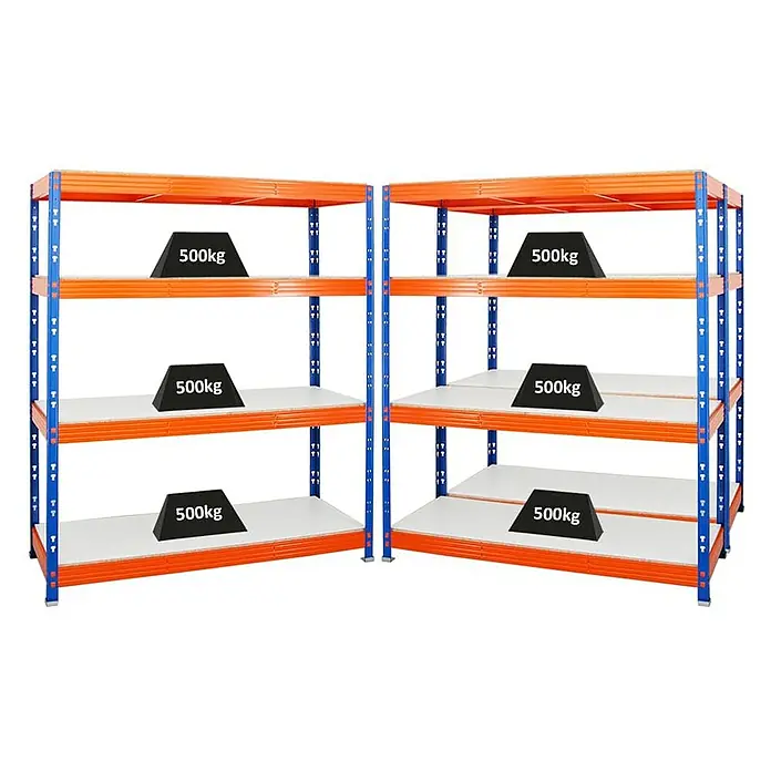Proregal Schwerlastregal Mega Deal Profi RHINO - Traglast pro Boden: 500 kg, Anzahl Böden: 4 Stk., Stecken, Blau-Orange - Regale mit vier Regalböden, die mit 500kg Gewichten belastet sind. Die Regale haben blaue Pfosten und orangefarbene Regalböden.