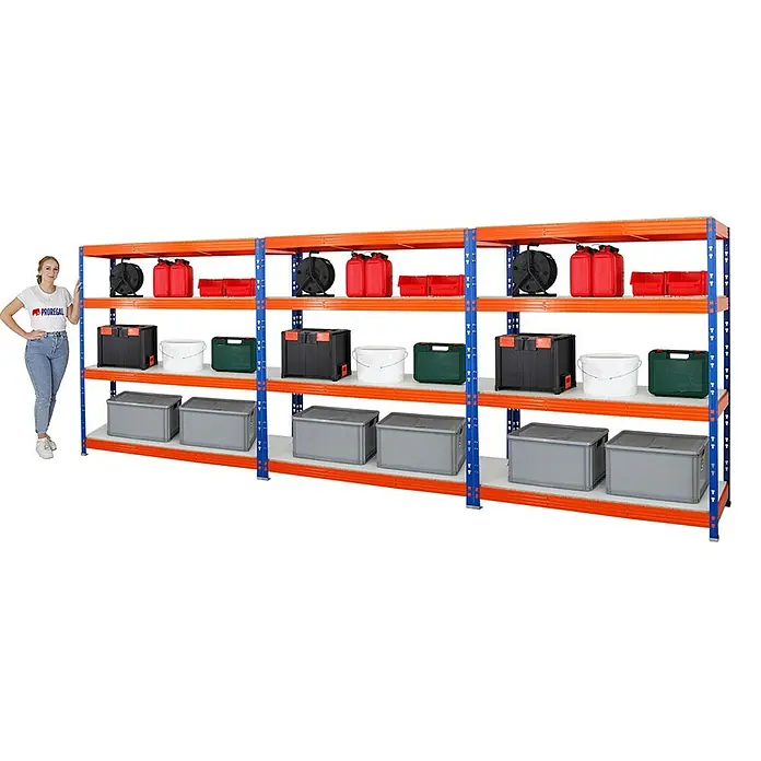 Proregal Schwerlastregal Mega Deal Profi RHINO - Traglast pro Boden: 500 kg, Anzahl Böden: 4 Stk., Stecken, Blau-Orange - Lagerregal mit viel Stauraum, gefüllt mit verschiedenen Behältern und Werkzeugen, ideal für Garage oder Keller.