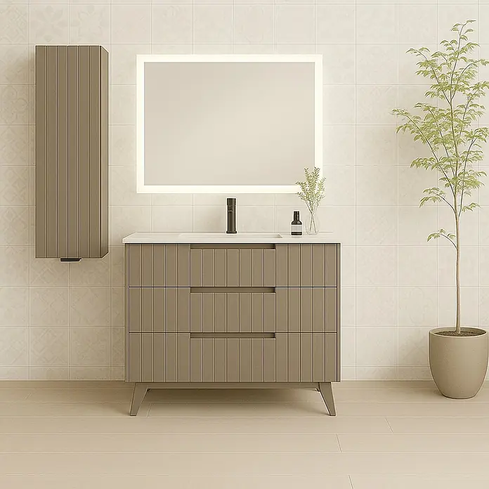 Mueble bajo de lavabo Claire - L x An x Al: 45 x 80 x 81 cm, Moka, 1 seno, empotrado, salida central, Número de cajones: 3 ud. - Interior de baño con un tocador moderno con cajones, un armario con espejo y una planta para un ambiente fresco.