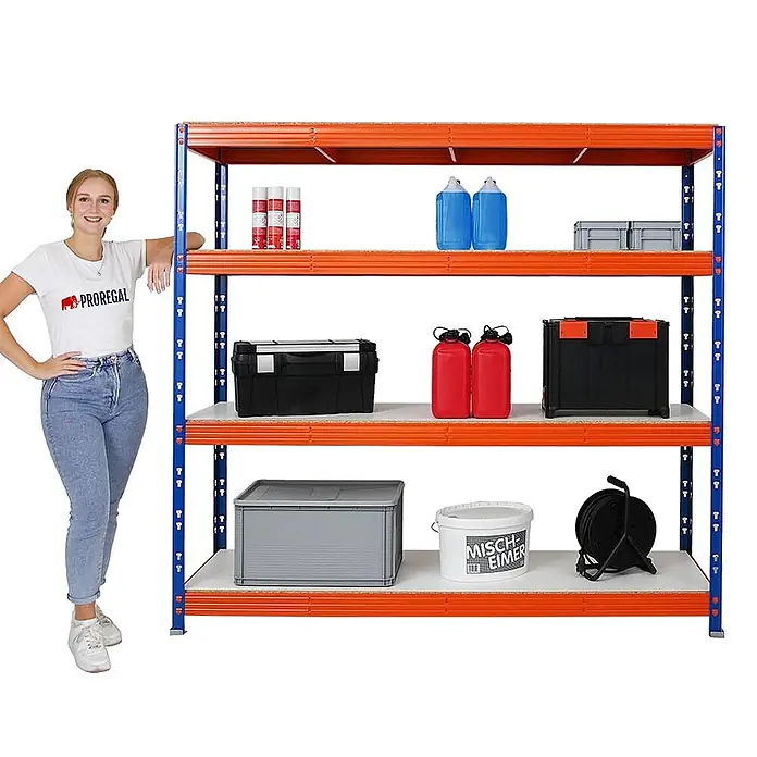 Proregal Schwerlastregal Mega Deal Profi RHINO - Traglast pro Boden: 500 kg, Anzahl Böden: 4 Stk., Stecken, Blau-Orange - Vielfältiges Regal mit vier Ebenen für Lagerung, ideal für Werkstatt oder Garage.