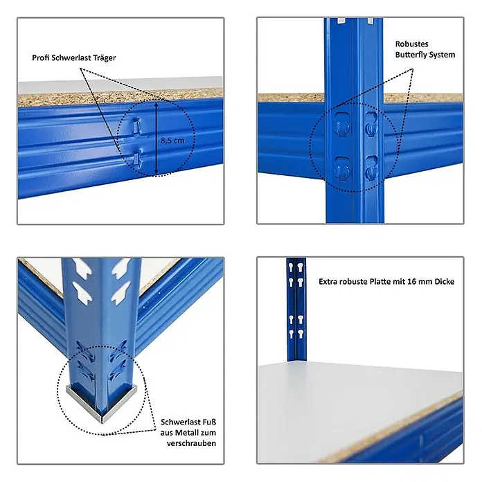 Proregal Schwerlastregal Mega Deal Profi RHINO - Traglast pro Boden: 500 kg, Anzahl Böden: 4 Stk., Stecken, Blau - Detailansichten eines Schwerlastregals, das robuste Schwerlastträger, Butterfly-System, Metallfüße und extra robuste Platte zeigt.