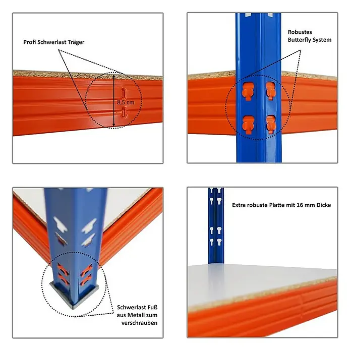 Proregal Schwerlastregal Mega Deal Profi RHINO - Traglast pro Boden: 500 kg, Anzahl Böden: 4 Stk., Stecken, Blau-Orange - Schwerlastregal Details: Träger, Butterfly System, Metallfuß und robuste Platte mit 16mm Dicke.