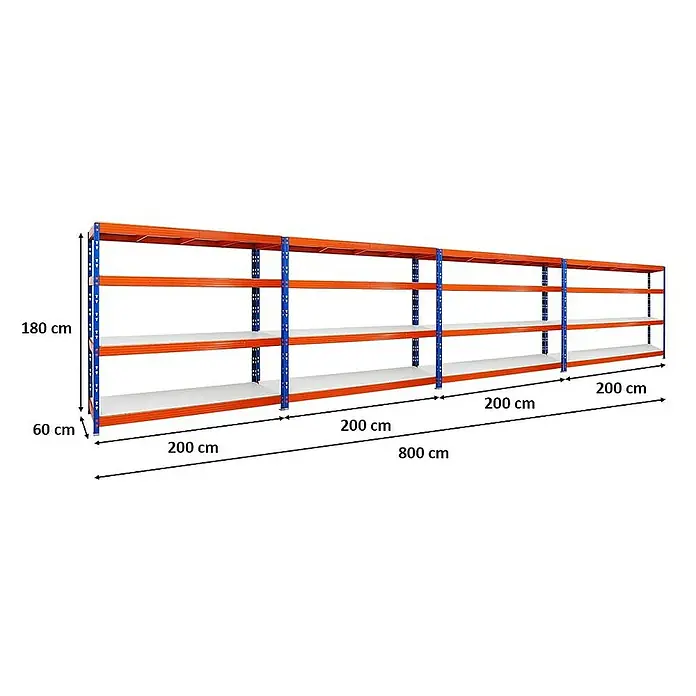 Proregal Schwerlastregal Mega Deal Profi RHINO - Traglast pro Boden: 500 kg, Anzahl Böden: 4 Stk., Stecken, Blau-Orange - Darstellung eines Lagerregals mit drei Ebenen in Orange und Blau, mit Abmessungen.