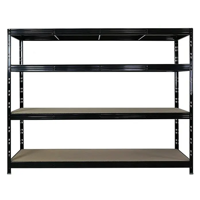 Proregal Schwerlastregal Mega Deal Profi RHINO - Traglast pro Boden: 450 kg, Anzahl Böden: 4 Stk., Stecken, Schwarz - Das Bild zeigt ein stabiles, schwarzes Lagerregal mit vier Ebenen. Es ist ideal zur Organisation von Gegenständen in Garage oder Keller.