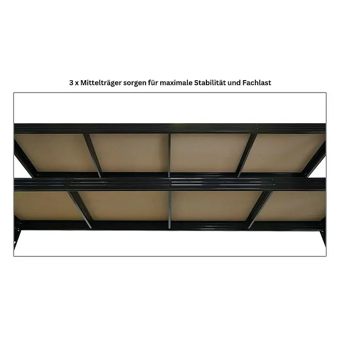 Proregal Schwerlastregal Mega Deal Profi RHINO - Traglast pro Boden: 450 kg, Anzahl Böden: 4 Stk., Stecken, Schwarz - Produktansicht von Regalböden mit drei Mittelträgern für maximale Stabilität und Fachlast, ideal für Lagerung und Organisation.