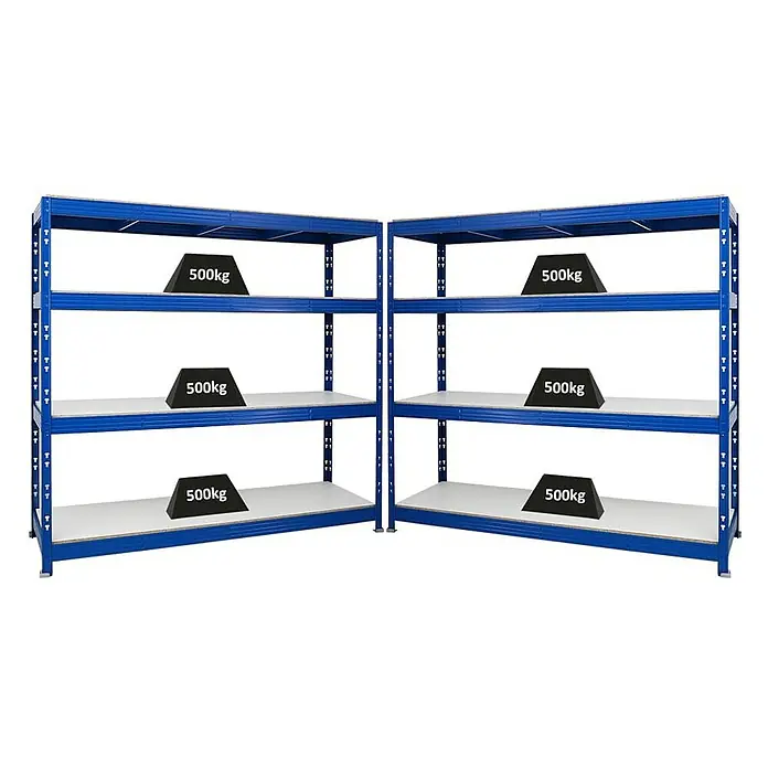 Proregal Schwerlastregal Mega Deal Profi RHINO - Traglast pro Boden: 500 kg, Anzahl Böden: 4 Stk., Stecken, Blau - Ein Paar blaue Schwerlastregale mit drei Ebenen, jeweils mit einem schwarzen 500kg Gewicht zur Illustration der Tragfähigkeit.