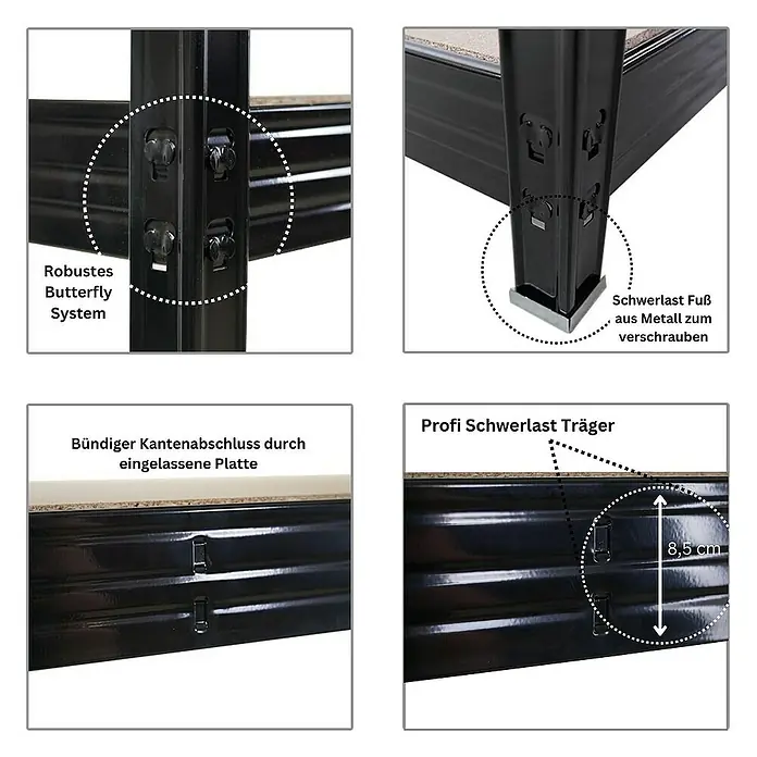 Proregal Schwerlastregal Mega Deal Profi RHINO - Traglast pro Boden: 450 kg, Anzahl Böden: 4 Stk., Stecken, Schwarz - Detailansichten des Schwerlastregals, die das robuste Butterfly-System, die Metallfüße und die Kantenabschlüsse zeigen.