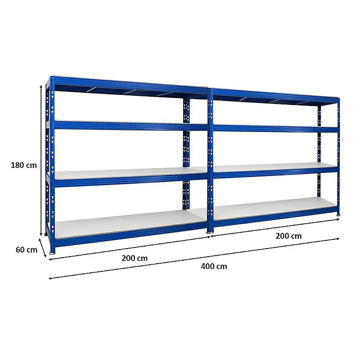 Proregal Schwerlastregal Mega Deal Profi RHINO - Traglast pro Boden: 500 kg, Anzahl Böden: 4 Stk., Stecken, Blau - Blaues Metallregal mit vier Regalböden, gekennzeichnet mit seinen Abmessungen: 180 cm hoch, 60 cm tief und 200 cm breit (400 cm für beide).