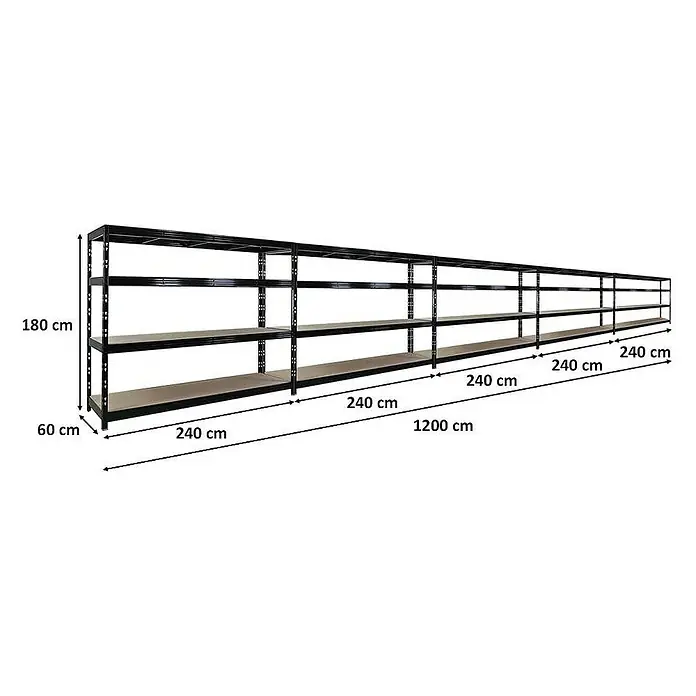 Proregal Schwerlastregal Mega Deal Profi RHINO - Traglast pro Boden: 450 kg, Anzahl Böden: 4 Stk., Stecken, Schwarz - Abbildung eines langen, schwarzen Schwerlastregals mit vier Ebenen, das sich ideal für Lager- und Organisationszwecke eignet.