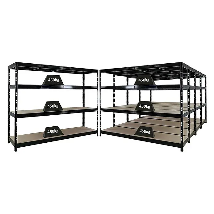 Proregal Schwerlastregal Mega Deal Profi RHINO - Traglast pro Boden: 450 kg, Anzahl Böden: 4 Stk., Stecken, Schwarz - Schwarzes Schwerlastregal mit Gewichtsangaben zur Veranschaulichung der Tragfähigkeit. Ideal für Lager und Werkstatt.