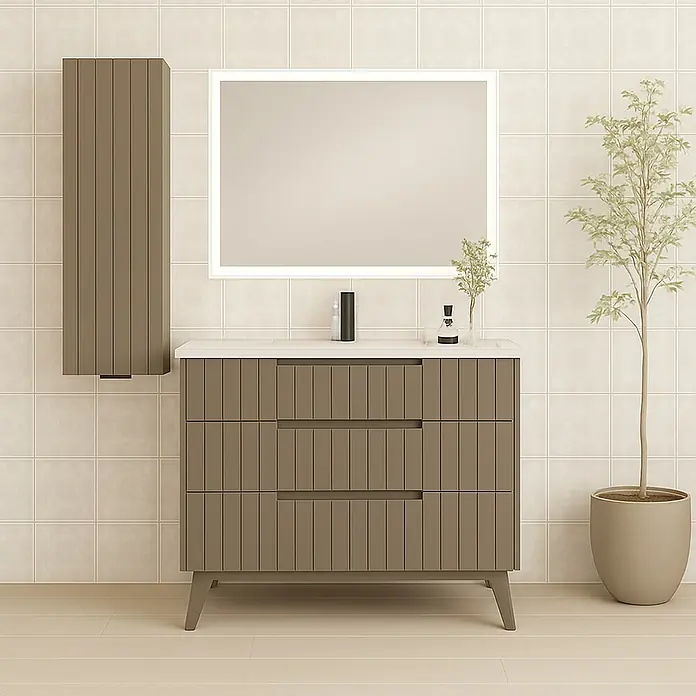 Mueble bajo de lavabo Claire - L x An x Al: 45 x 100 x 81 cm, Moka, 1 seno, empotrado, salida central, Número de cajones: 3 ud. - Interior de baño con un moderno mueble de lavabo marrón con tres cajones, un espejo iluminado y un armario alto a juego.