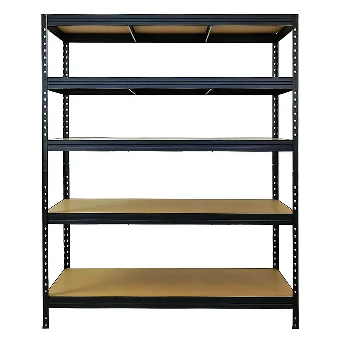 Proregal Schwerlastregal Mega Deal Rivet - Traglast pro Boden: 250 kg, Anzahl Böden: 5 Stk., Stecken, Schwarz - Ein Regal mit fünf Ebenen und schwarzem Metallrahmen bietet viel Stauraum. Ideal für Garage, Keller oder Lager.