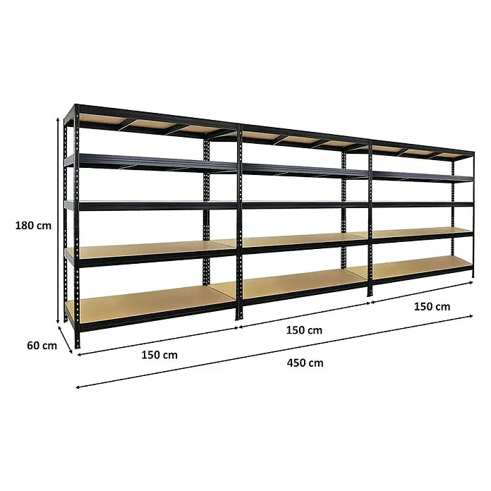Proregal Schwerlastregal Mega Deal Rivet - Traglast pro Boden: 250 kg, Anzahl Böden: 5 Stk., Stecken, Schwarz - Abbildung eines Metallregals mit vier Ebenen und den Maßen 180 cm Höhe, 60 cm Tiefe und 450 cm Breite zur Lagerung.