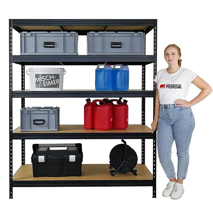 Proregal Schwerlastregal Mega Deal Rivet - Traglast pro Boden: 250 kg, Anzahl Böden: 5 Stk., Stecken, Schwarz - Das Regal mit fünf Regalböden bietet viel Stauraum für Werkzeug und andere Gegenstände.