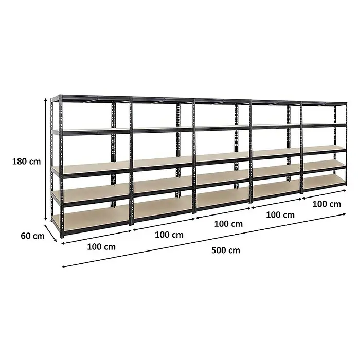 Proregal Schwerlastregal Mega Deal Tiger - H x B x T: 180 x 100 x 60 cm, Traglast pro Boden: 265 kg, Anzahl Böden: 5 Stk., Stecken, Verzinkt - Ein langes, schwarzes Schwerlastregal mit mehreren Regalböden, ideal für Lagerung und Organisation. Die Maße sind deutlich angegeben.