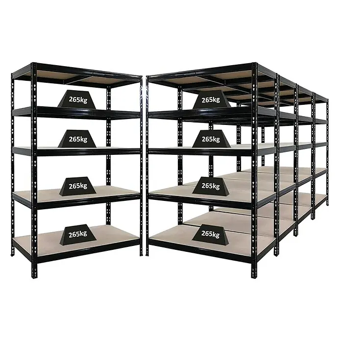 Proregal Schwerlastregal Mega Deal 5x Tiger - H x B x T: 180 x 120 x 60 cm, Traglast pro Boden: 265 kg, Anzahl Böden: 5 Stk., Stecken, Schwarz - Schwarze Metallregale mit Gewicht von 265 kg auf jeder Ebene für Lagerung oder Organisation im Lager oder zu Hause.