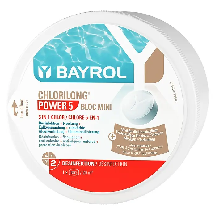Bayrol Chlorblock Chlorilong Power5 bloc mini - 340 g - Produktansicht von Bayrol Chlorilong® Power 5 Bloc Mini, ein 5-in-1 Chlorprodukt zur Desinfektion und Algenverhütung für Pools.