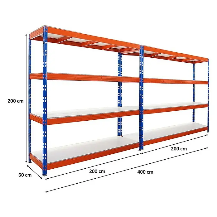 Proregal Schwerlastregal Mega Deal Profi RHINO - Traglast pro Boden: 500 kg, Anzahl Böden: 4 Stk., Stecken, Blau-Orange - Abbildung eines Metallregals in Orange und Blau mit drei Ebenen und Maßangaben.