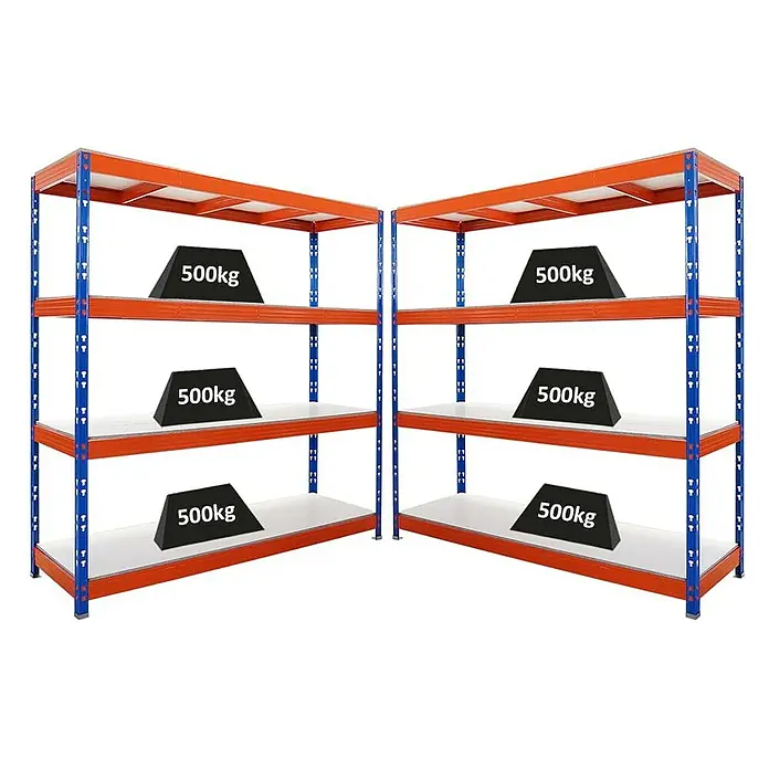 Proregal Schwerlastregal Mega Deal Profi RHINO - Traglast pro Boden: 500 kg, Anzahl Böden: 4 Stk., Stecken, Blau-Orange - Zwei Schwerlastregale mit je vier Ebenen, beladen mit Gewichten. Ideal für Lager und Werkstatt, robust und stabil.