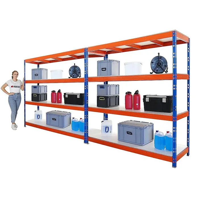 Proregal Schwerlastregal Mega Deal Profi RHINO - Traglast pro Boden: 500 kg, Anzahl Böden: 4 Stk., Stecken, Blau-Orange - Ein großes, blau-orangefarbenes Lagerregal mit vier Ebenen und verschiedenen gelagerten Produkten.