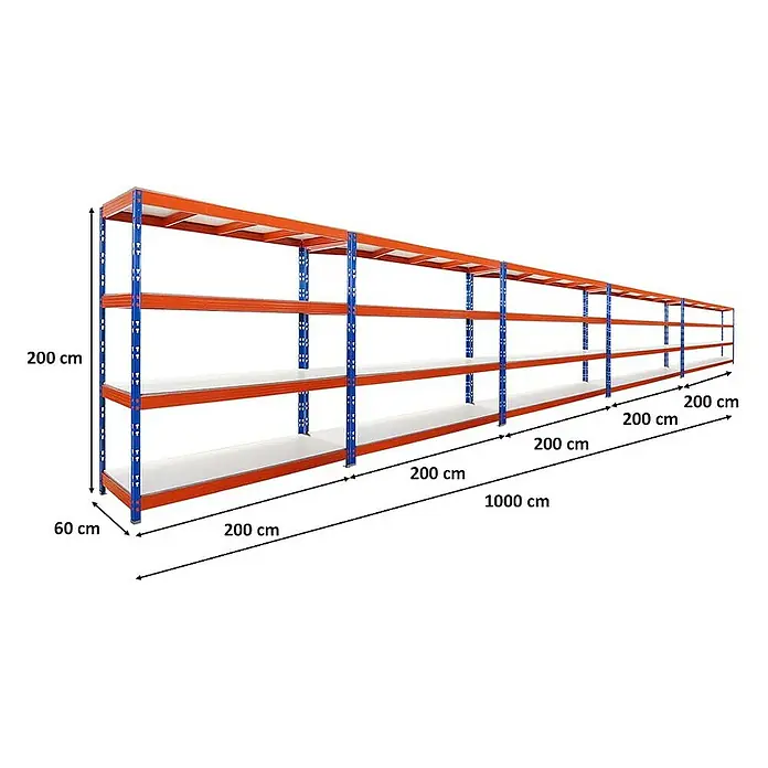 Proregal Schwerlastregal Mega Deal Profi RHINO - Traglast pro Boden: 500 kg, Anzahl Böden: 4 Stk., Stecken, Blau-Orange - Ansicht eines langen Lagerregals mit mehreren Regalebenen und deutlichen Maßangaben.