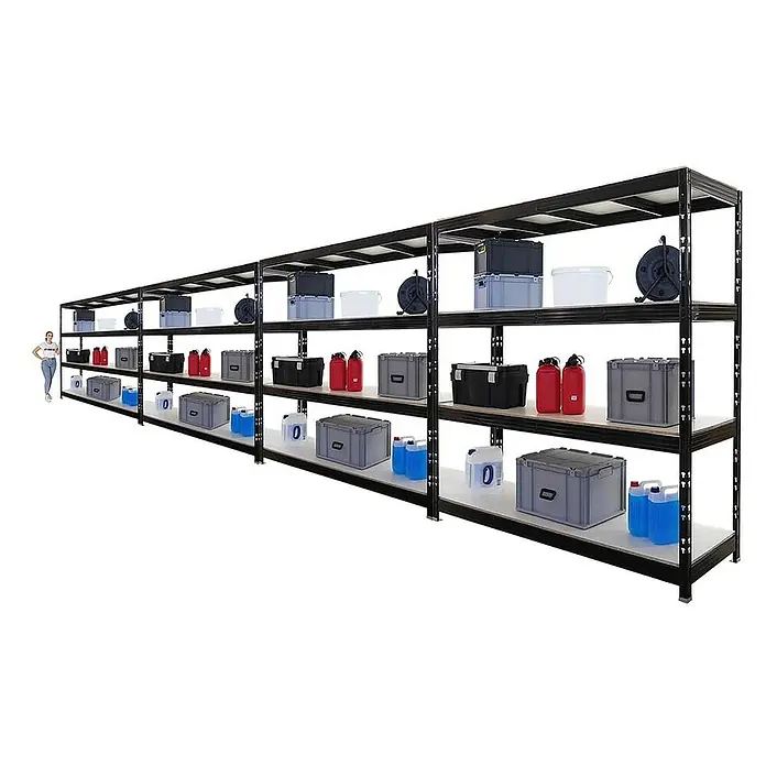 Proregal Schwerlastregal Mega Deal Profi RHINO - H x B x T: 200 x 200 x 60 cm, Traglast pro Boden: 500 kg, Anzahl Böden: 4 Stk., Stecken, Schwarz - Regale mit Aufbewahrungsboxen und verschiedenen Gegenständen, die Ordnung und Organisation im Raum schaffen.