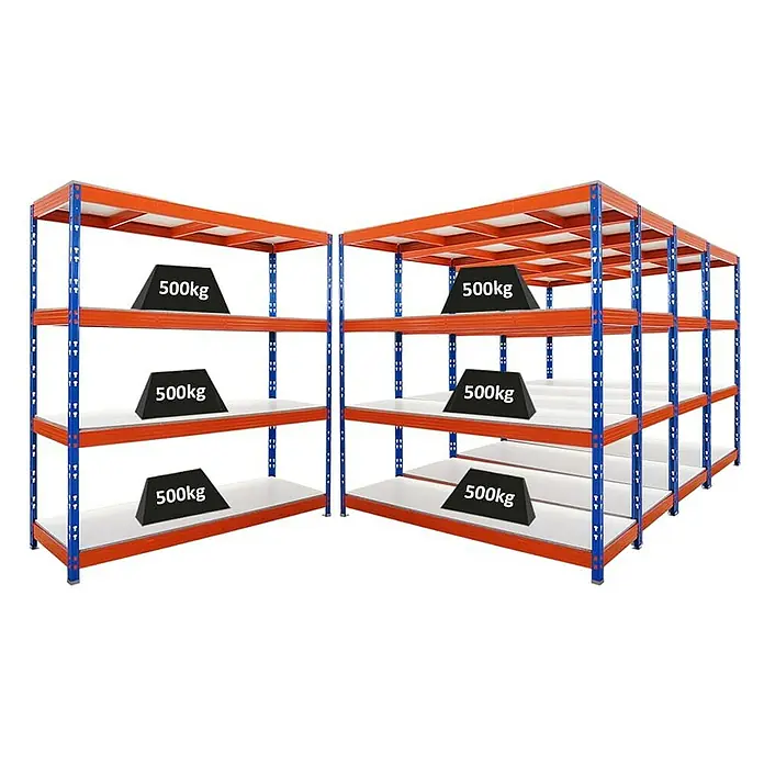Proregal Schwerlastregal Mega Deal Profi RHINO - Traglast pro Boden: 500 kg, Anzahl Böden: 4 Stk., Stecken, Blau-Orange - Schwerlastregale mit belastbaren Regalböden und Gewichtsangaben für eine optimale Lagerung.