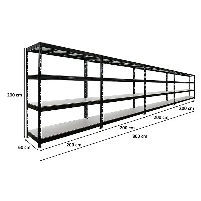 Proregal Schwerlastregal Mega Deal Profi RHINO - H x B x T: 200 x 200 x 60 cm, Traglast pro Boden: 500 kg, Anzahl Böden: 4 Stk., Stecken, Schwarz - Bild eines schwarzen Metallregals mit vier Regalböden und Maßangaben.