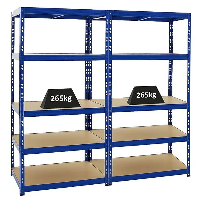 Proregal Schwerlastregal Mega Deal Tiger - H x B x T: 180 x 180 x 60 cm, Traglast pro Boden: 265 kg, Anzahl Böden: 5 Stk., Stecken, Blau - Abgebildet ist ein blaues Metallregal mit Holzregalböden und Gewichtsangabe.