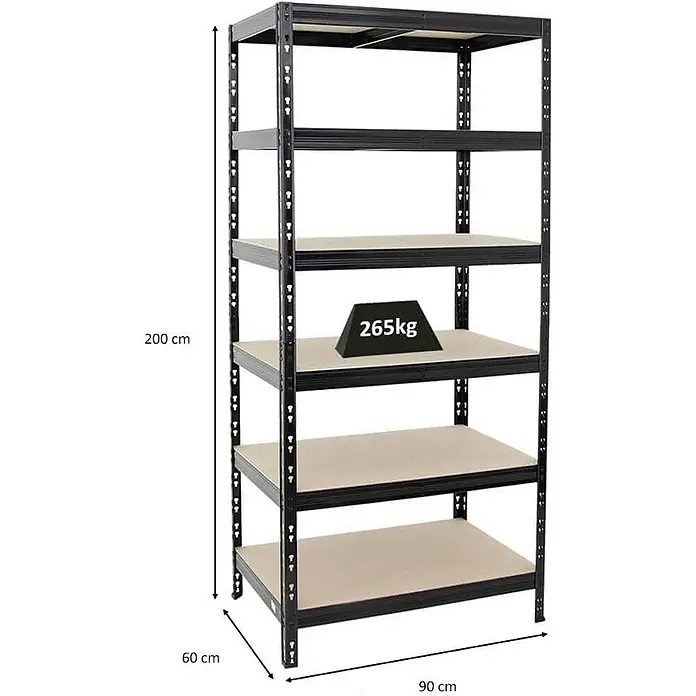 Proregal Schwerlastregal Tiger - H x B x T: 200 x 90 x 60 cm, Traglast pro Boden: 265 kg, Anzahl Böden: 6 Stk., Stecken, Schwarz - Schwarzes Regal mit fünf Regalböden, das eine maximale Belastung von 265 kg aushält. Die Höhe beträgt 200cm, die Tiefe 60cm und die Breite 90cm.