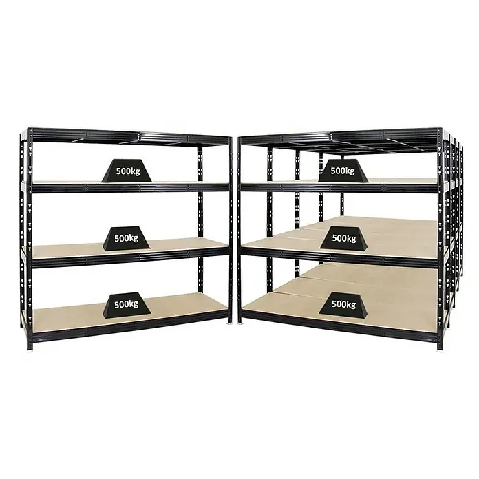 Proregal Schwerlastregal Mega Deal Profi RHINO - Traglast pro Boden: 500 kg, Anzahl Böden: 4 Stk., Stecken, Schwarz - Schwerlastregale mit schwarzem Rahmen und Holzregalböden, beladen mit 500 kg Gewichten für maximale Stabilität und Lagerkapazität.