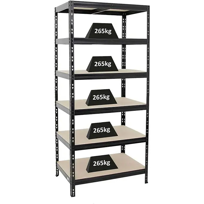 Proregal Schwerlastregal Tiger - H x B x T: 200 x 90 x 60 cm, Traglast pro Boden: 265 kg, Anzahl Böden: 6 Stk., Stecken, Schwarz - Regal mit 5 Ebenen, jede Ebene mit einem Gewicht von 265 kg belastet. Das robuste Metallregal bietet viel Stauraum.