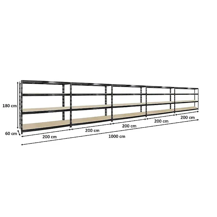Proregal Schwerlastregal Mega Deal Profi RHINO - Traglast pro Boden: 500 kg, Anzahl Böden: 4 Stk., Stecken, Schwarz - Ansicht eines langen, modularen Lagerregals mit mehreren Regalböden, das die Organisation und Lagerung in verschiedenen Umgebungen erleichtert.
