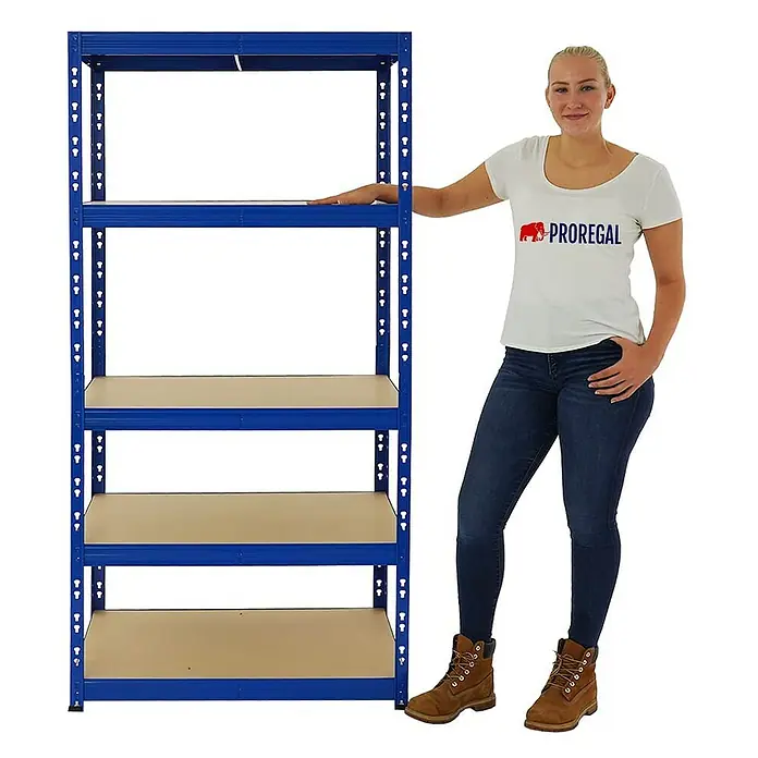 Proregal Schwerlastregal Tiger - H x B x T: 180 x 90 x 60 cm, Traglast pro Boden: 265 kg, Anzahl Böden: 5 Stk., Stecken, Blau - Blaues Schwerlastregal mit vier Regalböden zur Aufbewahrung von Gegenständen, daneben eine Frau.