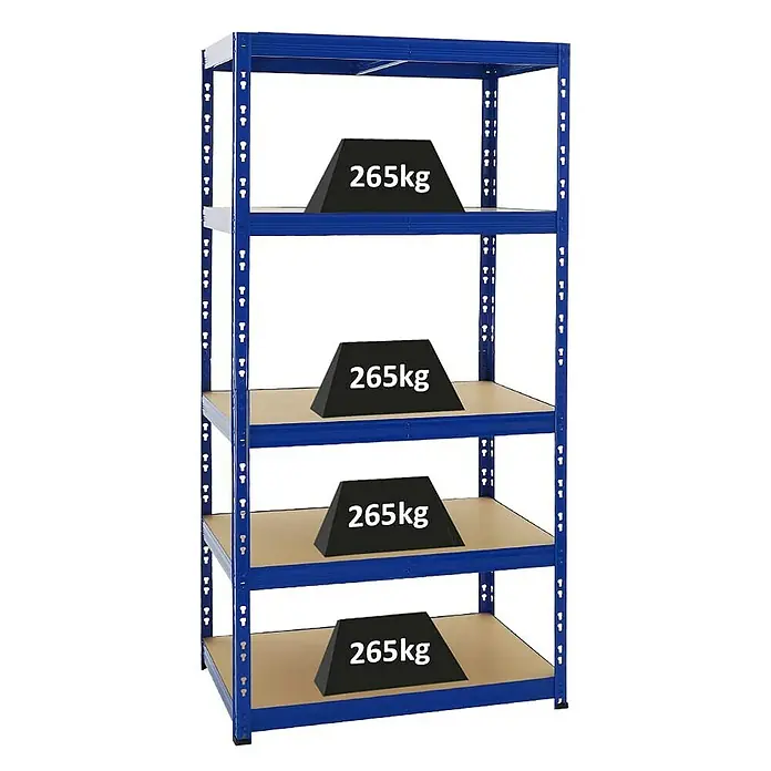 Proregal Schwerlastregal Tiger - H x B x T: 180 x 90 x 60 cm, Traglast pro Boden: 265 kg, Anzahl Böden: 5 Stk., Stecken, Blau - Schwerlastregal mit vier Böden, belastet mit je 265 kg. Ideal für Lagerung und Organisation in Werkstatt oder Garage.