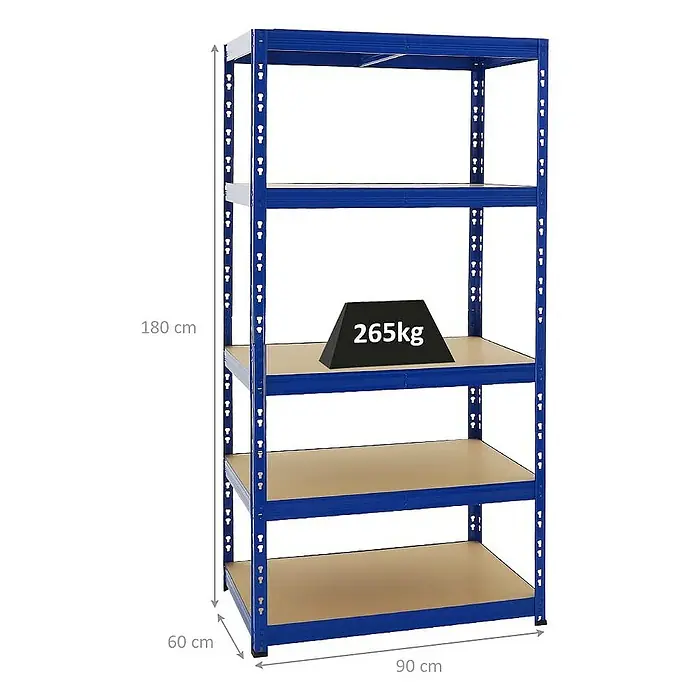 Proregal Schwerlastregal Tiger - H x B x T: 180 x 90 x 60 cm, Traglast pro Boden: 265 kg, Anzahl Böden: 5 Stk., Stecken, Blau - Schwerlastregal mit fünf Ablagen, ideal für Werkstatt oder Lager, mit Gewichtsangabe auf einer Ablage.