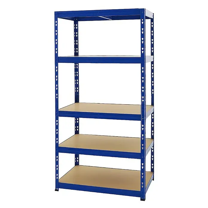 Proregal Schwerlastregal Tiger - H x B x T: 180 x 90 x 60 cm, Traglast pro Boden: 265 kg, Anzahl Böden: 5 Stk., Stecken, Blau - Abbildung eines blauen Schwerlastregals mit vier Regalböden aus Holz, ideal für Lagerung und Organisation.